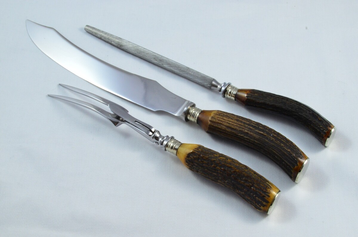 Joseph Rodgers & Sons Sheffield Handmade Stag Antler Horn Handled 3 Piece Carving Set c.1900 - Image 2