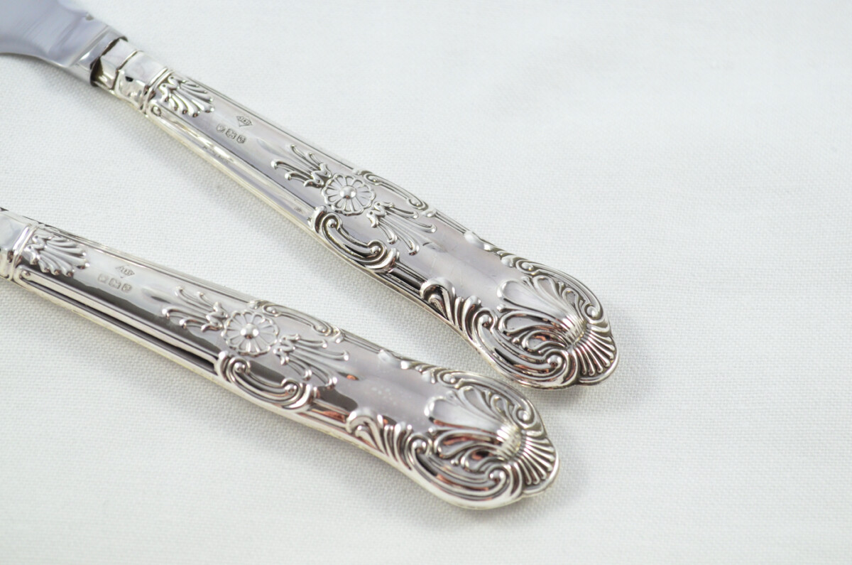 Harrison Brothers Sheffield Set Of 6 Sterling Silver Steak Knives and 6 Forks Queens 1973 - Image 4