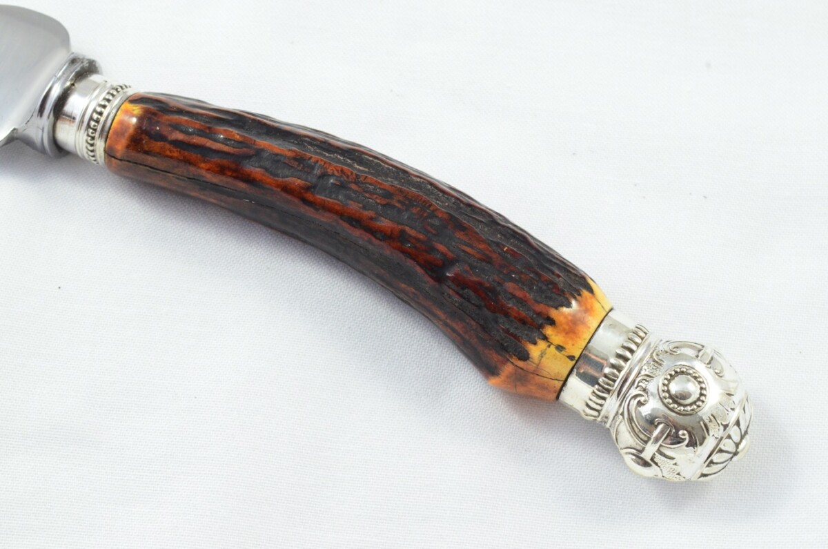 Scotia Sheffield Handmade Stag Antler Horn Handled 3 Piece Carving Set - Silver Plated Cap & Ferrule c.1880 - Image 4