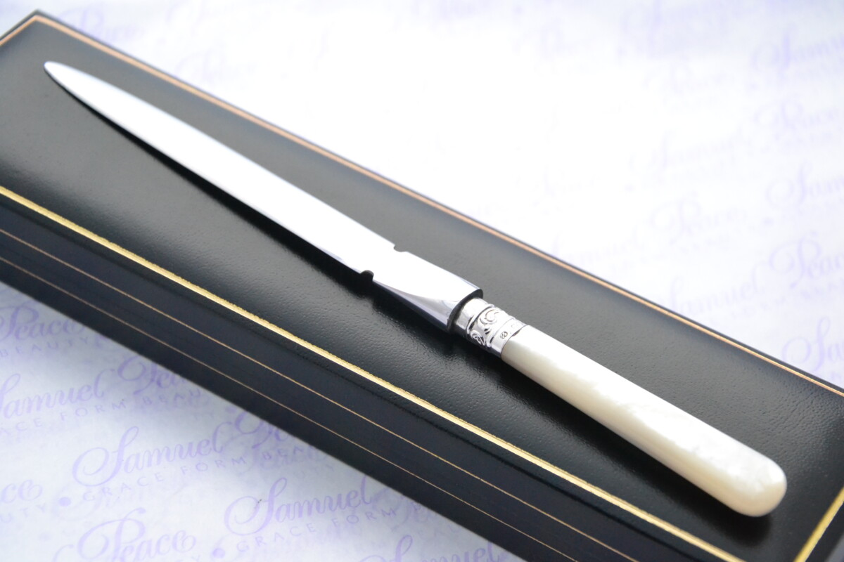 Allen & Darwin Pristine Mother of Pearl Sterling Silver Ferruled Letter Opener Sheffield 1966 Cased