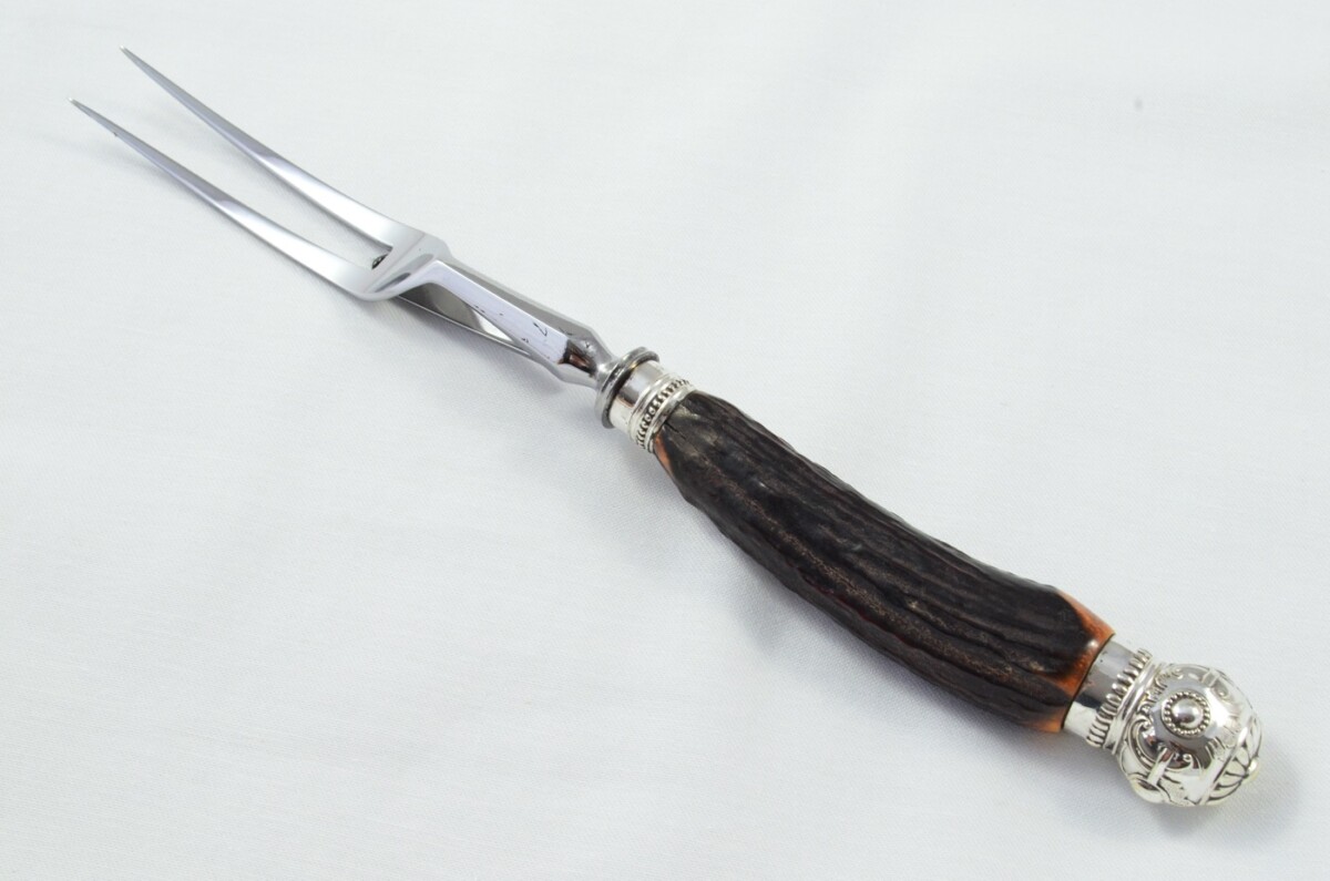 Scotia Sheffield Handmade Stag Antler Horn Handled 3 Piece Carving Set - Silver Plated Cap & Ferrule c.1880 - Image 8