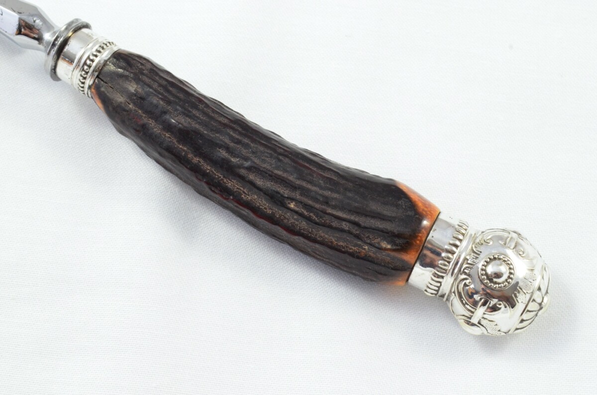 Scotia Sheffield Handmade Stag Antler Horn Handled 3 Piece Carving Set - Silver Plated Cap & Ferrule c.1880 - Image 9