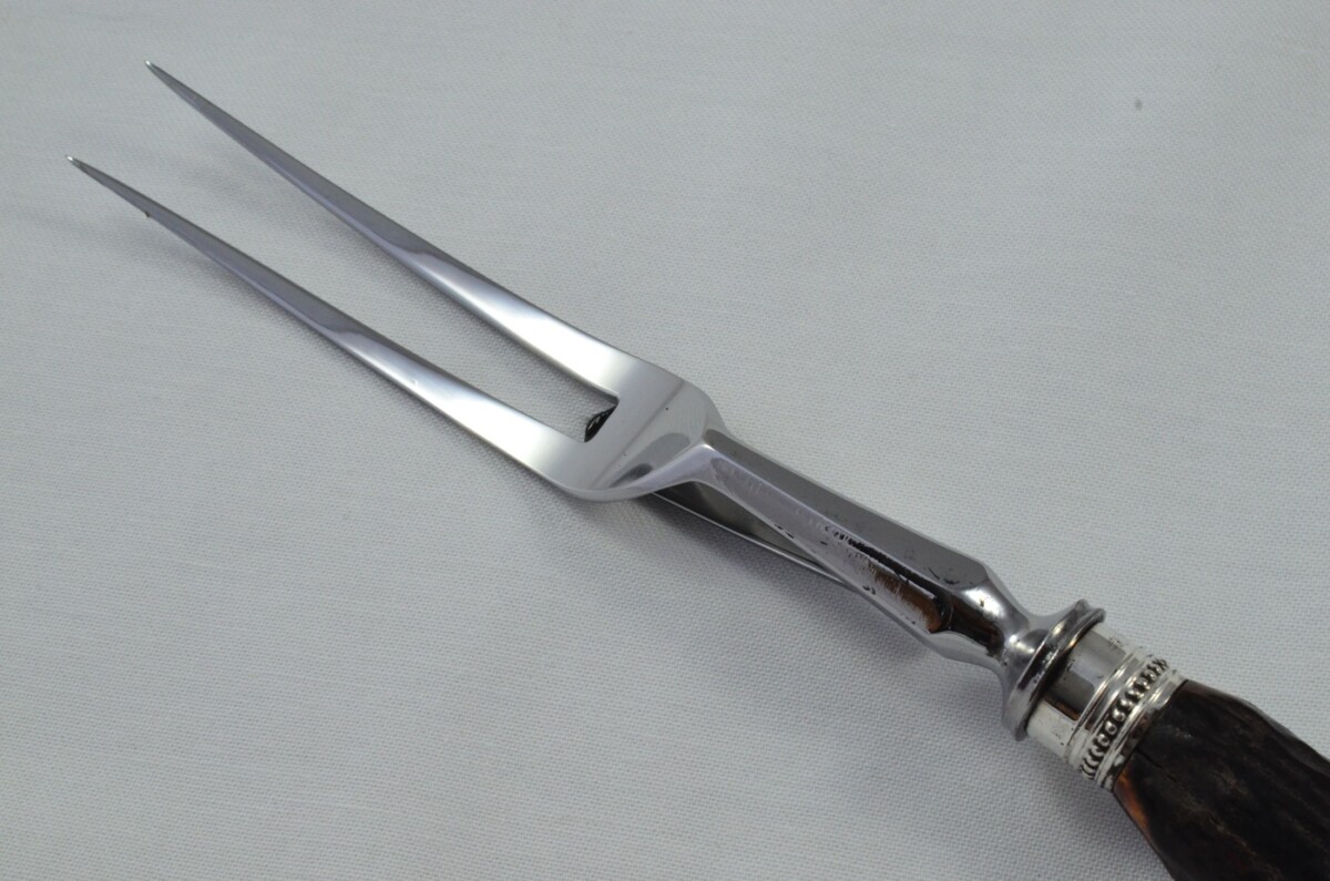 Scotia Sheffield Handmade Stag Antler Horn Handled 3 Piece Carving Set - Silver Plated Cap & Ferrule c.1880 - Image 10