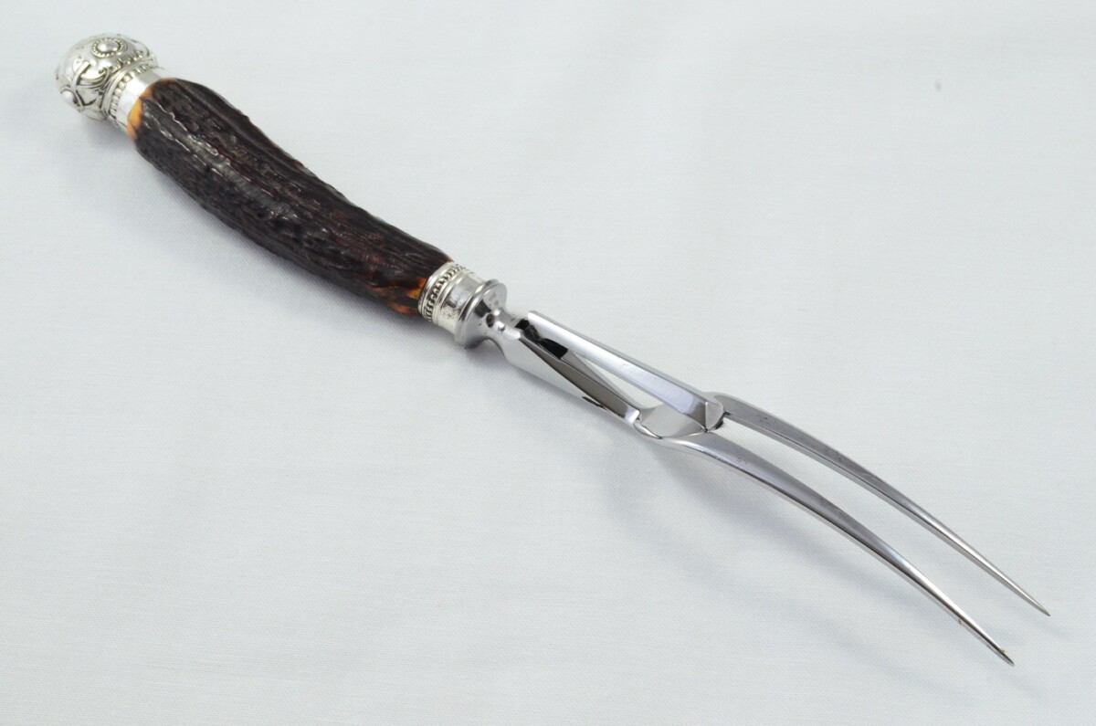 Scotia Sheffield Handmade Stag Antler Horn Handled 3 Piece Carving Set - Silver Plated Cap & Ferrule c.1880 - Image 11