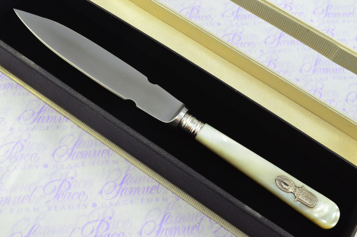 John Biggin Mother of Pearl Sheffield Sterling Silver Ferruled Letter Opener Sheffield 1920 Cased - Image 2