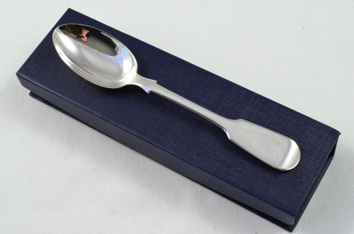 Exeter Solid Silver Antique Christening Spoon - Old English Fiddle Pattern - Made in 1863 - Presentation Case