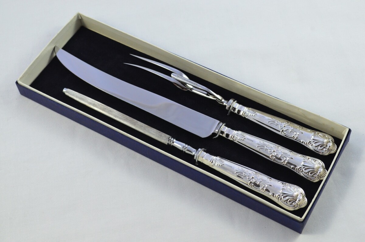 Great Beatson Drake Sterling Silver Handle 3 Piece Carving Set Boxed Queens Pattern Made In Sheffield 1996
