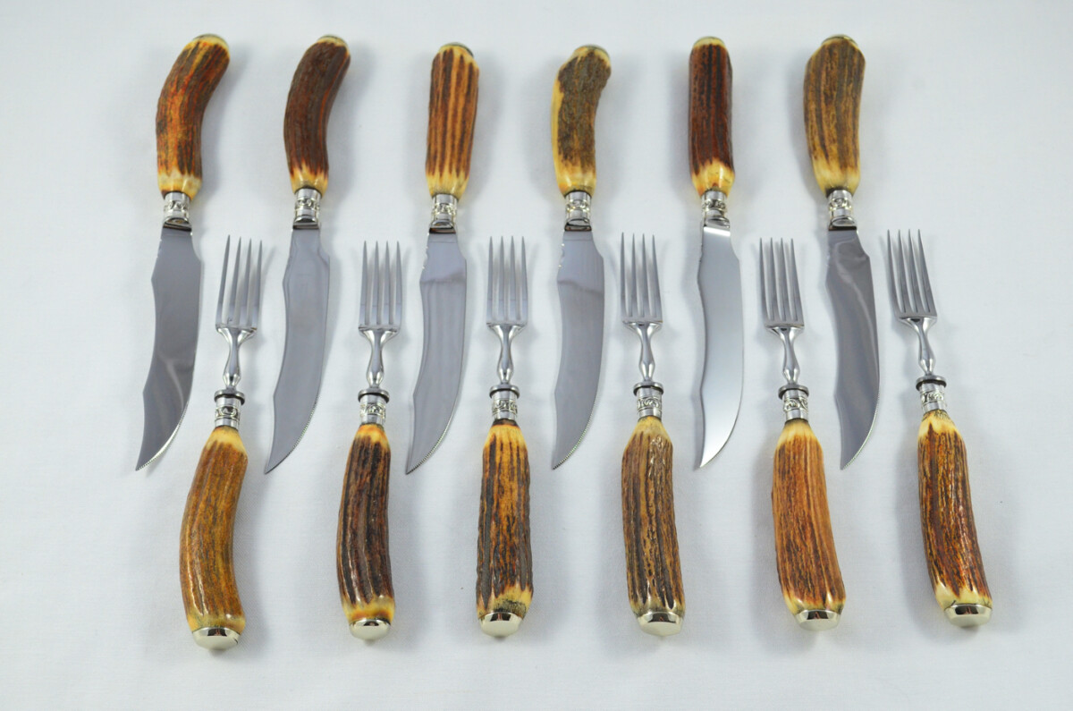 Antique HARRODS 6+6 Genuine Stag/Antler Handle Steak Knives & Forks Made in Sheffield England