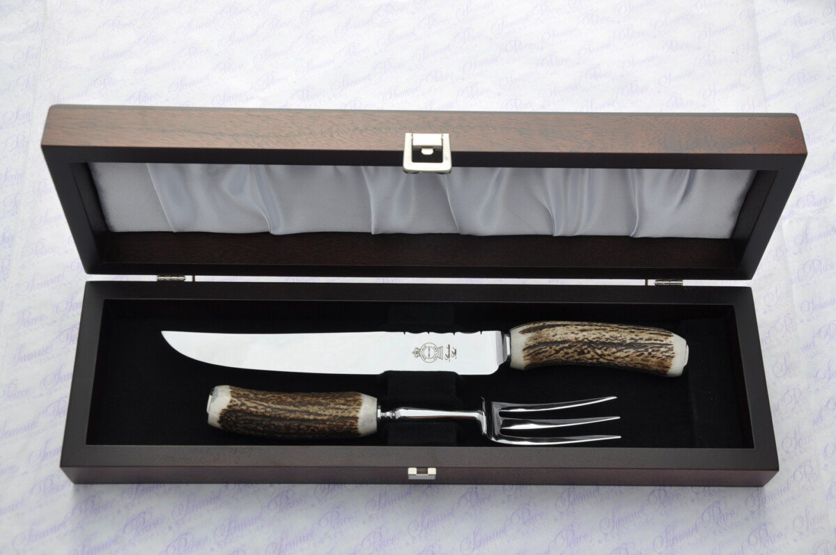 A Genuine Stag/Antler Handle 2 Piece Carving Set 3 Prong Fork Cased Made In Sheffield England