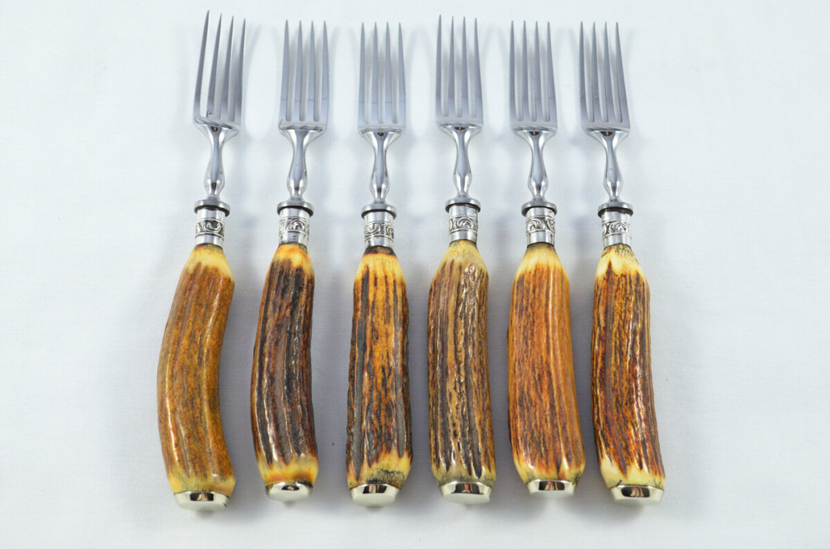 Antique HARRODS 6+6 Genuine Stag/Antler Handle Steak Knives & Forks Made in Sheffield England - Image 3
