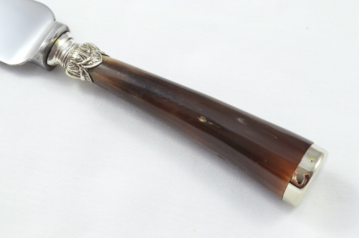 George Wood Sheffield Handmade 3 Piece Water Buffalo Horn Silver Plated Cap & Ferrule Carving Set c.1920 - Image 4