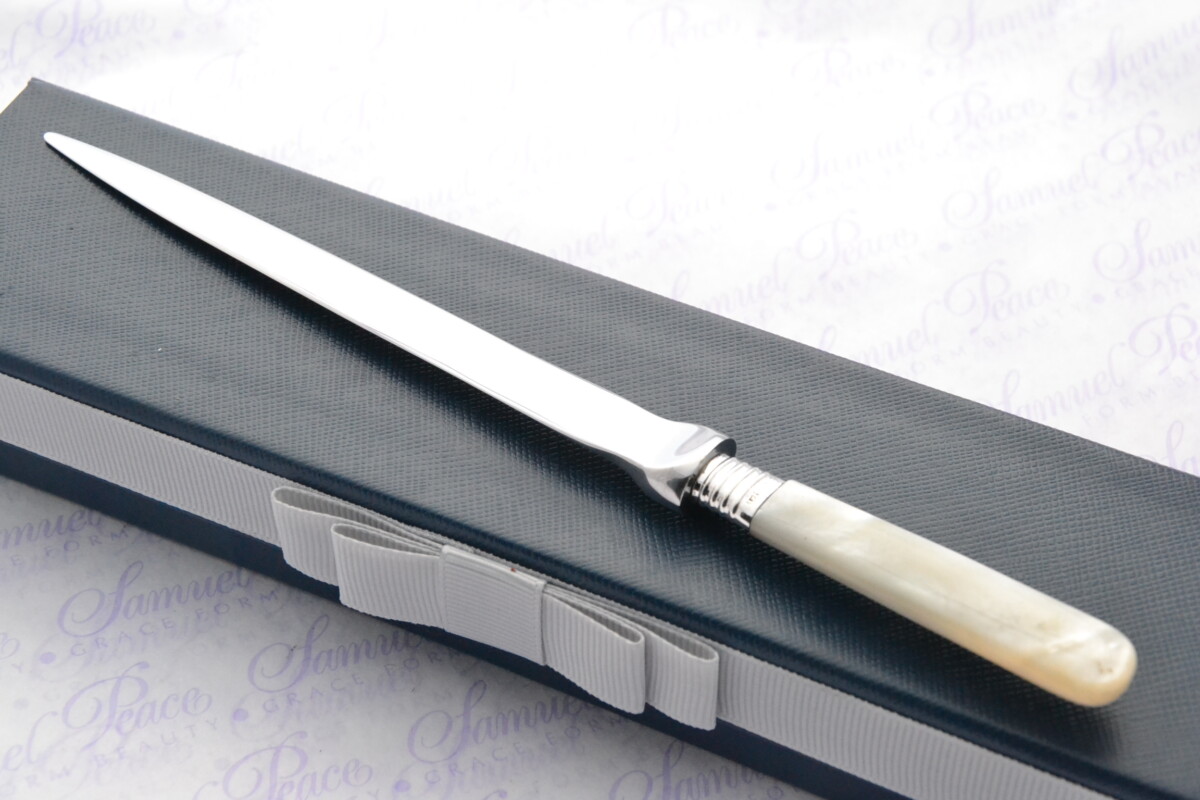 George Howsen Pristine Mother of Pearl Sterling Silver Ferruled Letter Opener Sheffield 1915 Cased