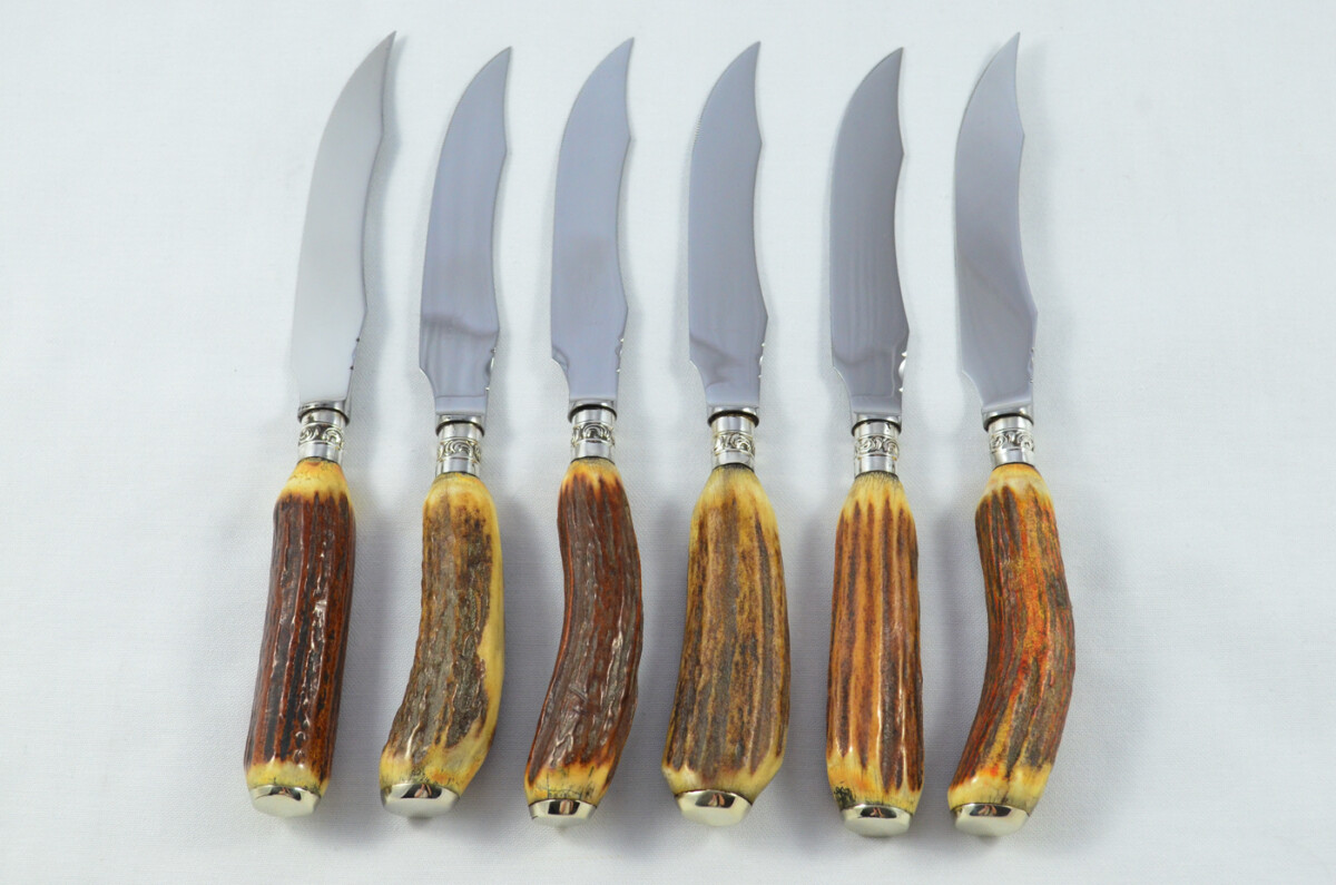 Antique HARRODS 6+6 Genuine Stag/Antler Handle Steak Knives & Forks Made in Sheffield England - Image 2