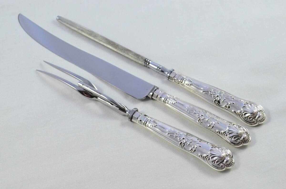 Great Beatson Drake Sterling Silver Handle 3 Piece Carving Set Boxed Queens Pattern Made In Sheffield 1996 - Image 2