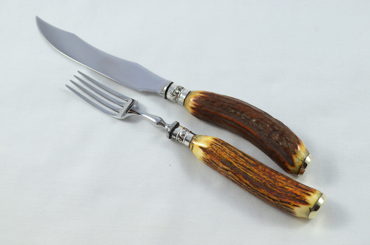 Antique HARRODS 6+6 Genuine Stag/Antler Handle Steak Knives & Forks Made in Sheffield England - Image 4