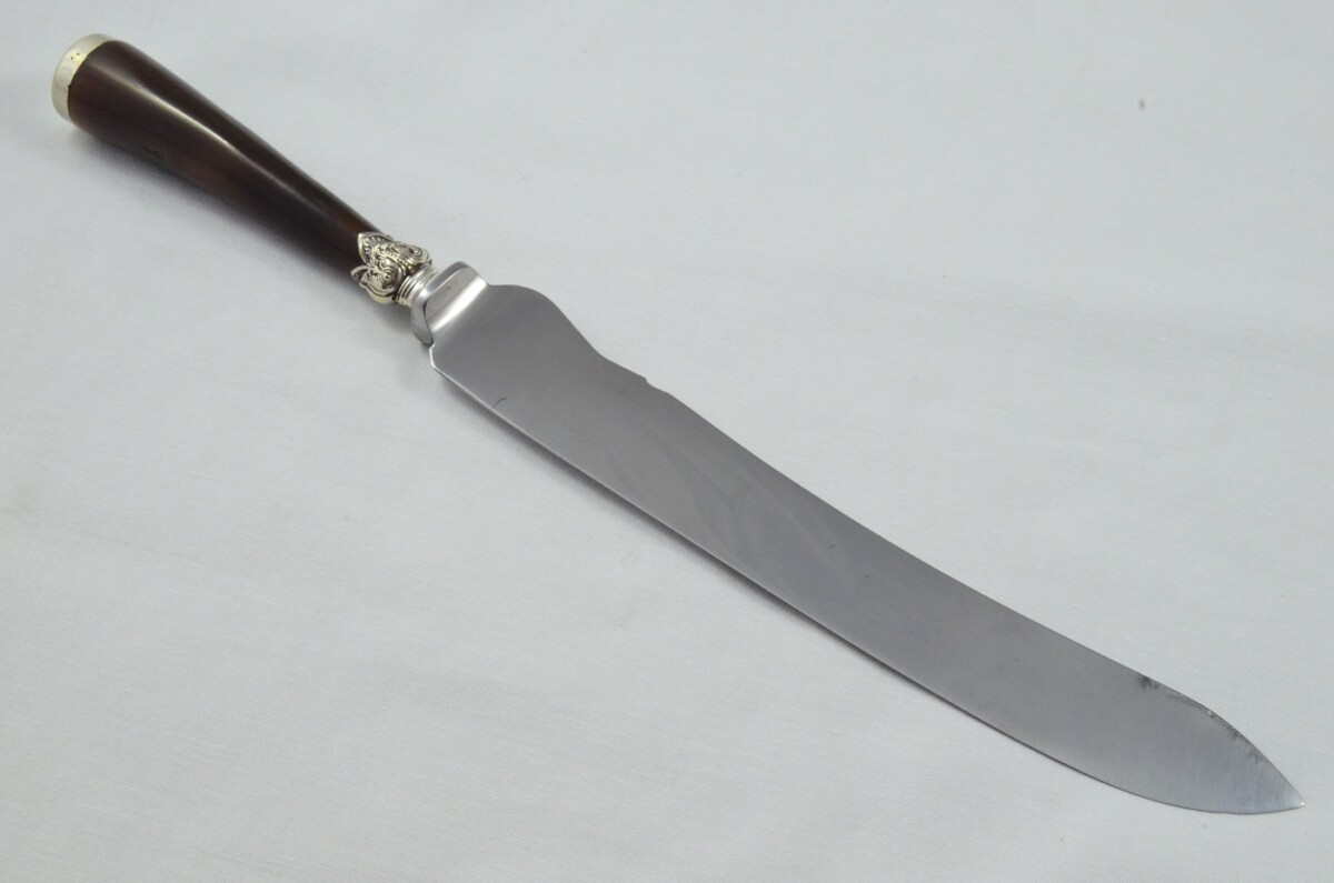 George Wood Sheffield Handmade 3 Piece Water Buffalo Horn Silver Plated Cap & Ferrule Carving Set c.1920 - Image 7