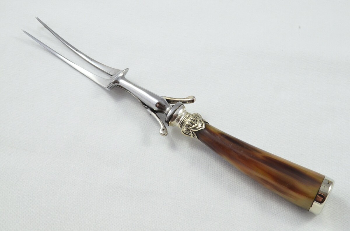 George Wood Sheffield Handmade 3 Piece Water Buffalo Horn Silver Plated Cap & Ferrule Carving Set c.1920 - Image 8