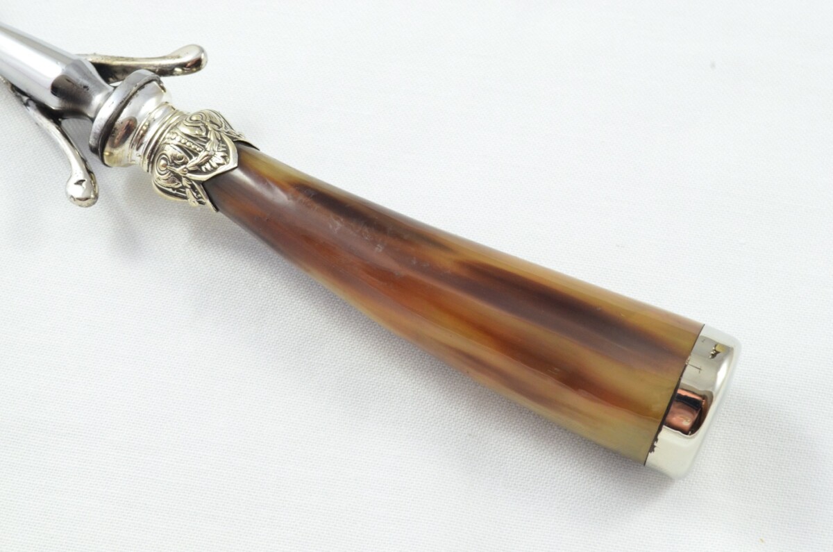 George Wood Sheffield Handmade 3 Piece Water Buffalo Horn Silver Plated Cap & Ferrule Carving Set c.1920 - Image 9