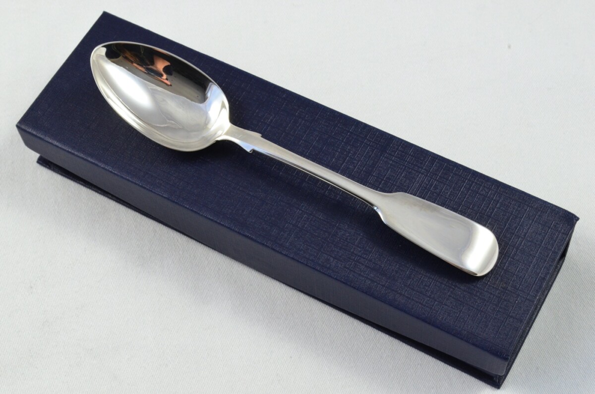 Exeter Solid Silver Antique Christening Spoon - Old English Fiddle Pattern - Made in 1860 - Presentation Case