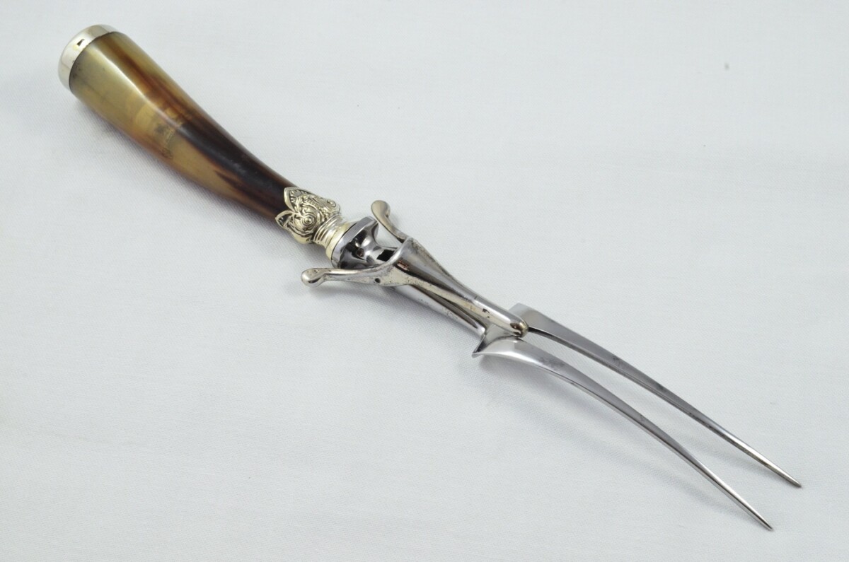 George Wood Sheffield Handmade 3 Piece Water Buffalo Horn Silver Plated Cap & Ferrule Carving Set c.1920 - Image 11