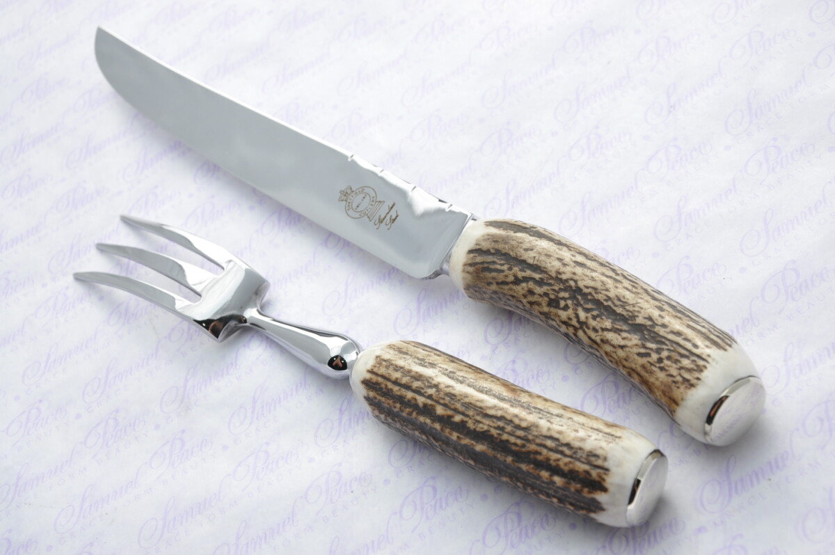 A Genuine Stag/Antler Handle 2 Piece Carving Set 3 Prong Fork Cased Made In Sheffield England - Image 3