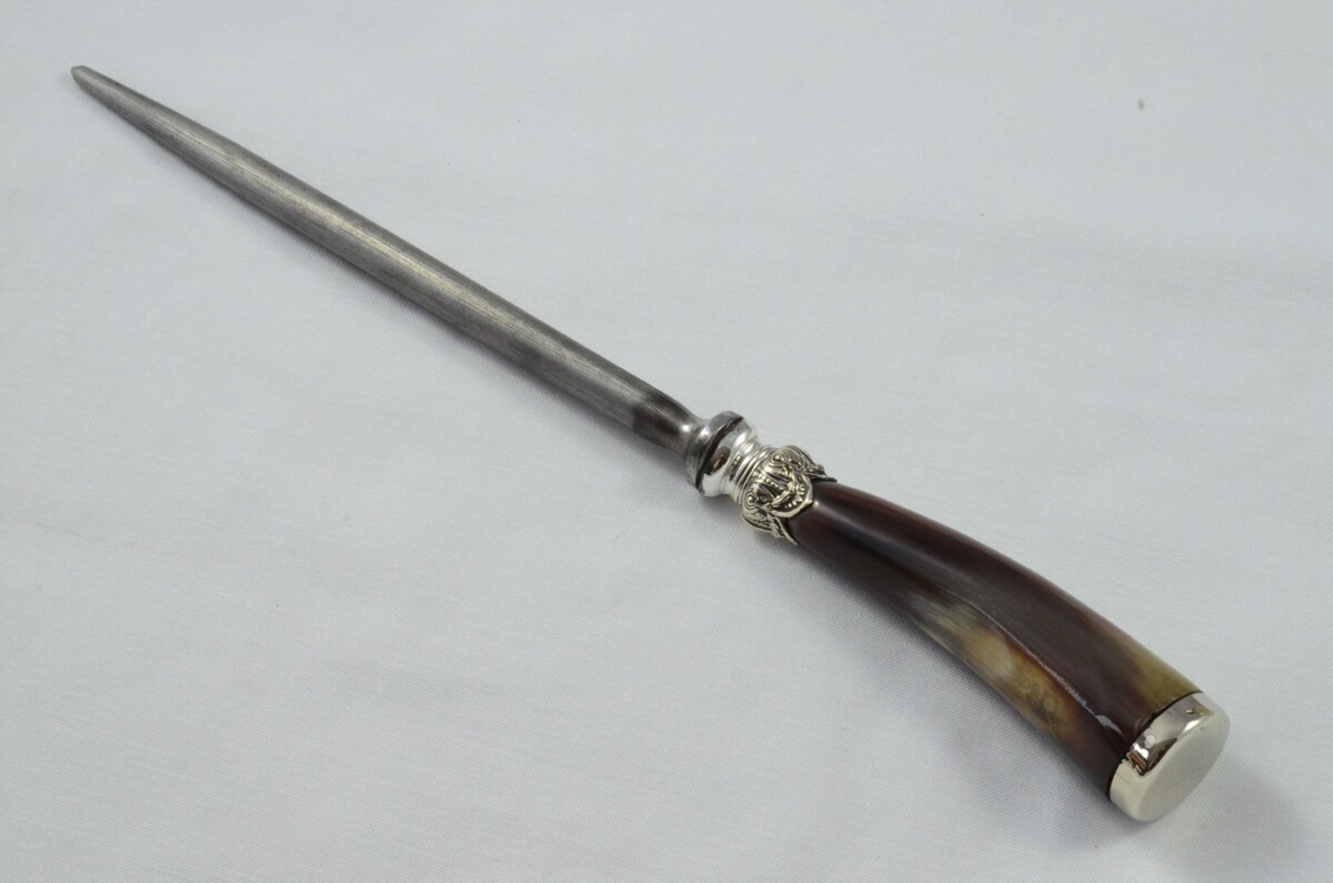 George Wood Sheffield Handmade 3 Piece Water Buffalo Horn Silver Plated Cap & Ferrule Carving Set c.1920 - Image 12