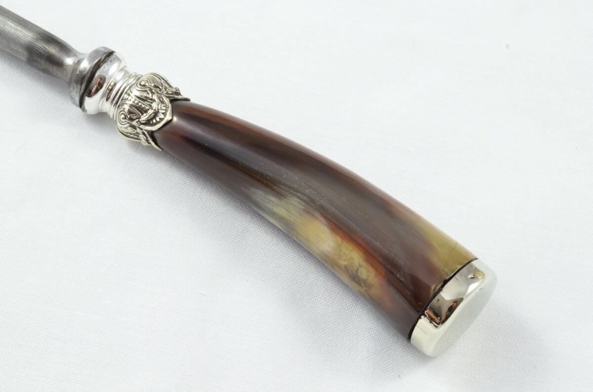 George Wood Sheffield Handmade 3 Piece Water Buffalo Horn Silver Plated Cap & Ferrule Carving Set c.1920 - Image 13