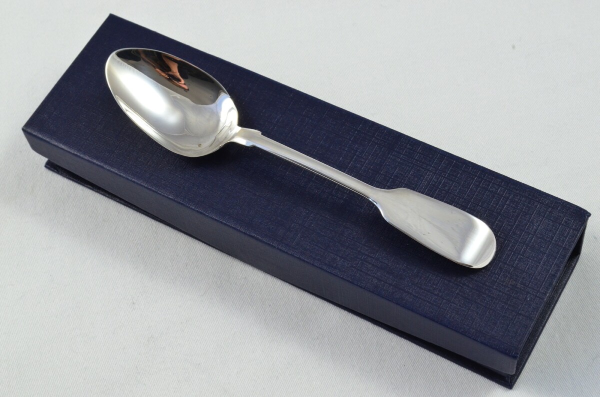 Exeter Solid Silver Antique Christening Spoon - Old English Fiddle Pattern - Made in 1850 - Presentation Case