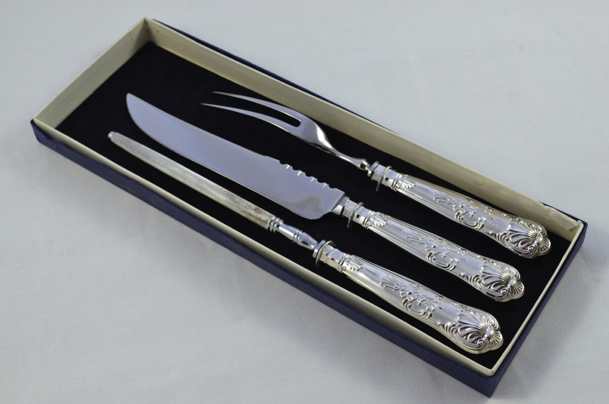 Fantastic Beatson Drake Sterling Silver Handle 3 Piece Carving Set Boxed Queens Pattern Made In Sheffield 1996