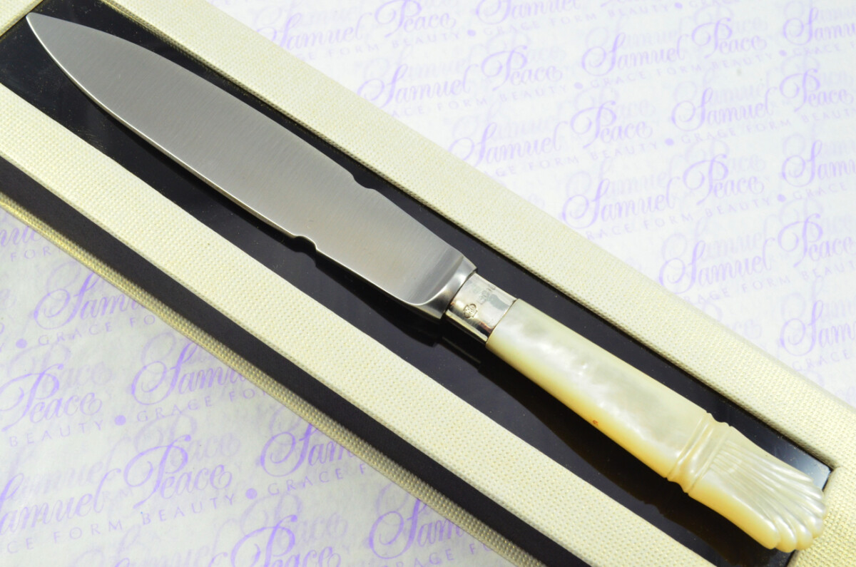 William Hutton & Sons Sheffield Mother of Pearl Sterling Silver Ferruled Letter Opener Sheffield 1910 Cased
