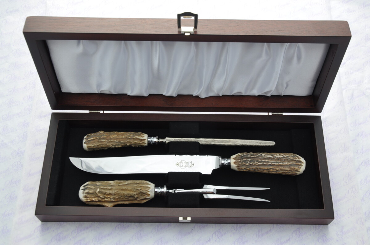 A Genuine Stag/Antler Handle 3 Piece Carving Set Silver Ferrules Cased Made In Sheffield England