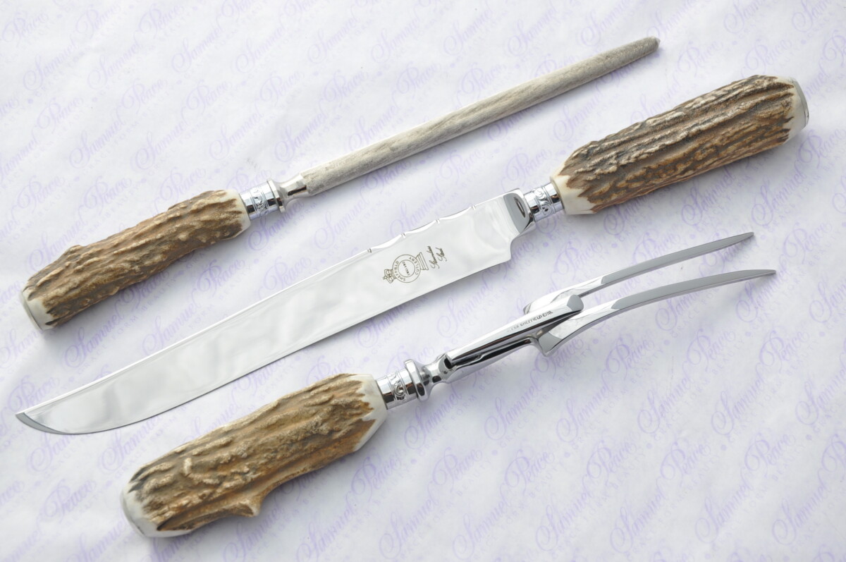 A Genuine Stag/Antler Handle 3 Piece Carving Set Silver Ferrules Cased Made In Sheffield England - Image 2