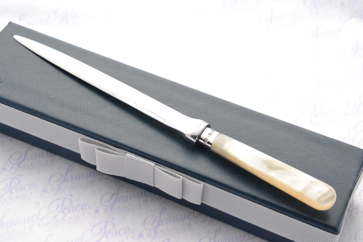 John Round Pristine Mother of Pearl Sterling Silver Ferruled Letter Opener Sheffield 1908 Cased