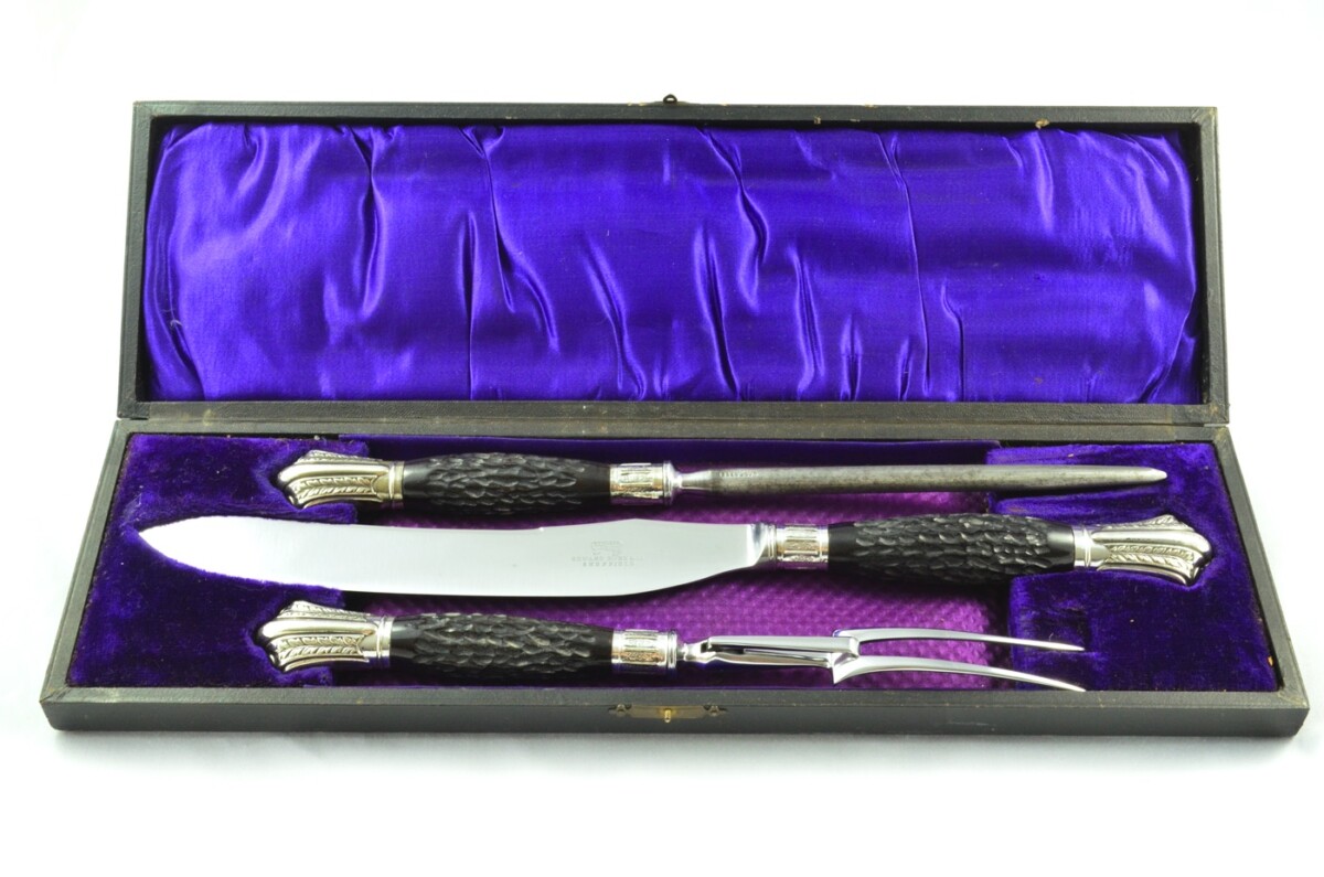 Edward Owen & Co Sheffield Handmade 3 Piece Carving Set c.1890 - Silver Plated Cap & Ferrule