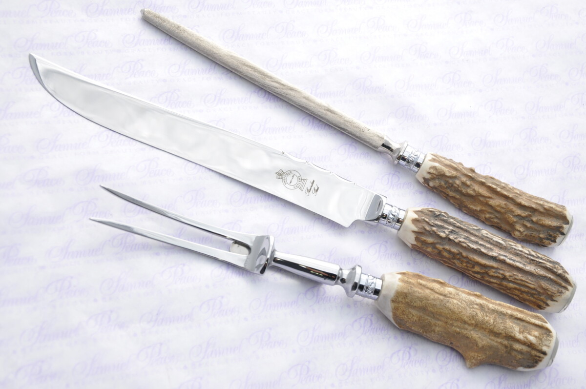 A Genuine Stag/Antler Handle 3 Piece Carving Set Silver Ferrules Cased Made In Sheffield England - Image 3