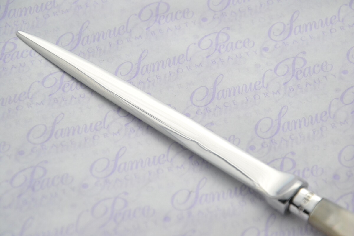 John Round Pristine Mother of Pearl Sterling Silver Ferruled Letter Opener Sheffield 1908 Cased - Image 4