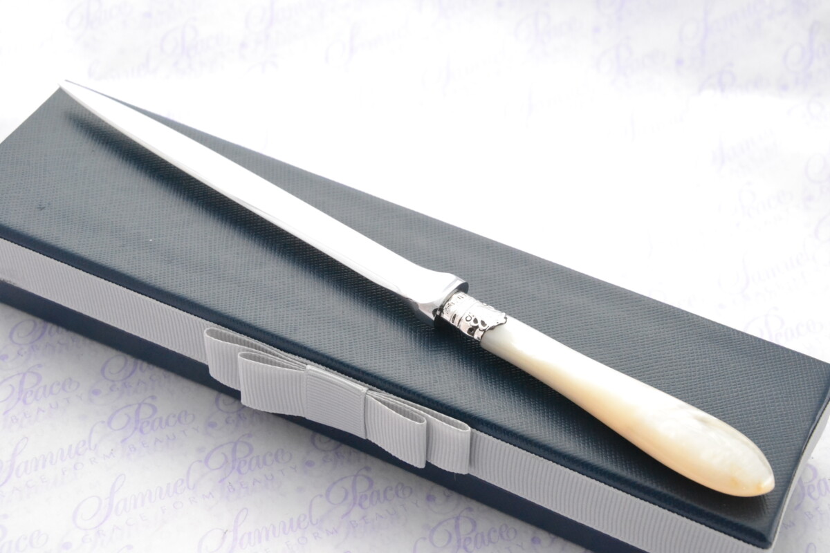 Walker & Hall Pristine Mother of Pearl Sterling Silver Ferruled Letter Opener Sheffield 1898 Cased