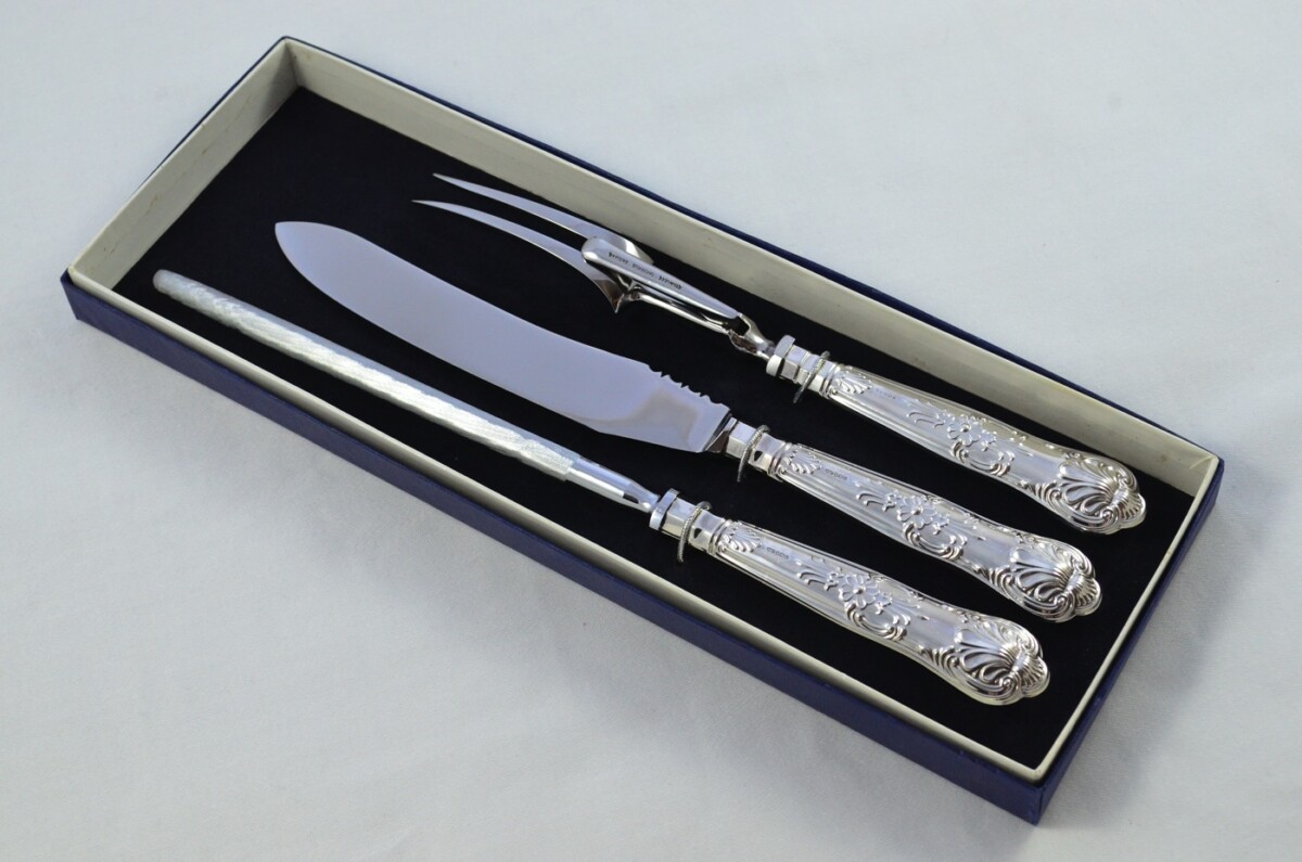 Beatson Drake Sterling Silver Handle 3 Piece Carving Set Boxed Queens Pattern Made In Sheffield 1994