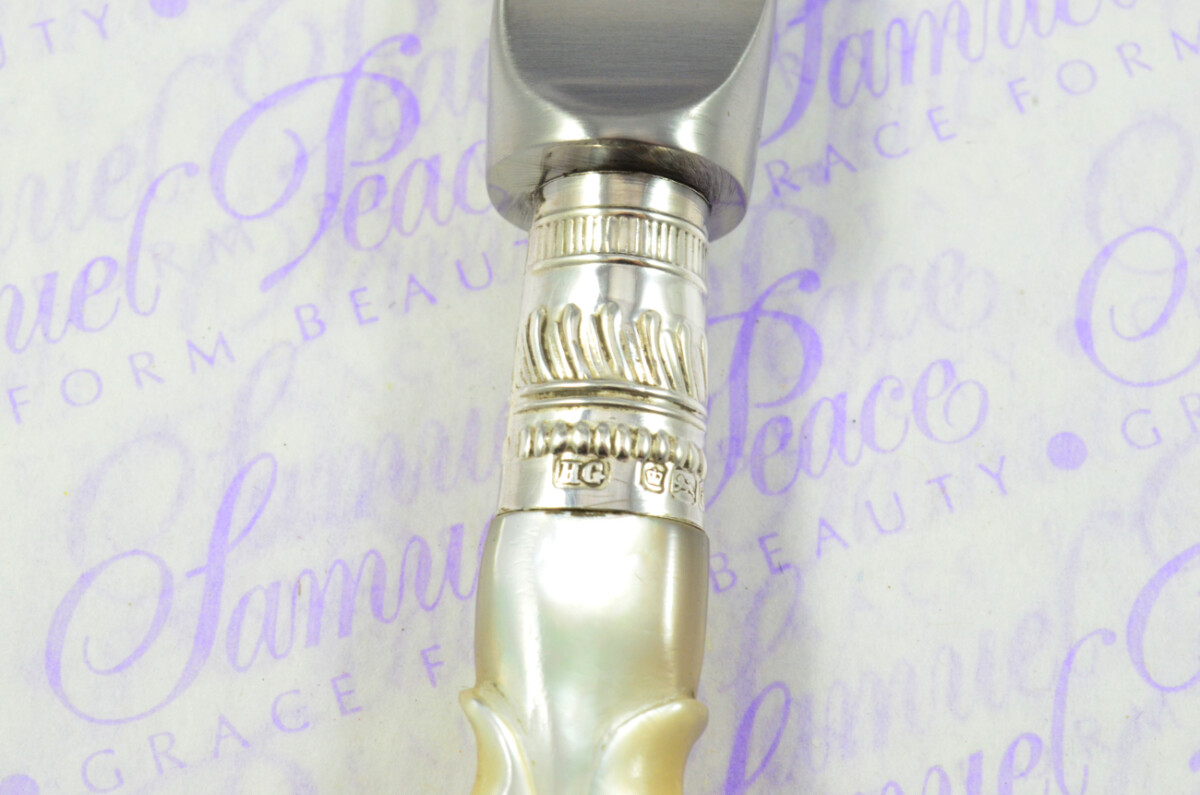 Beautiful Henry Greaves Sheffield Large Mother of Pearl Sterling Silver Ferruled Letter Opener Sheffield 1911 Cased - Image 6