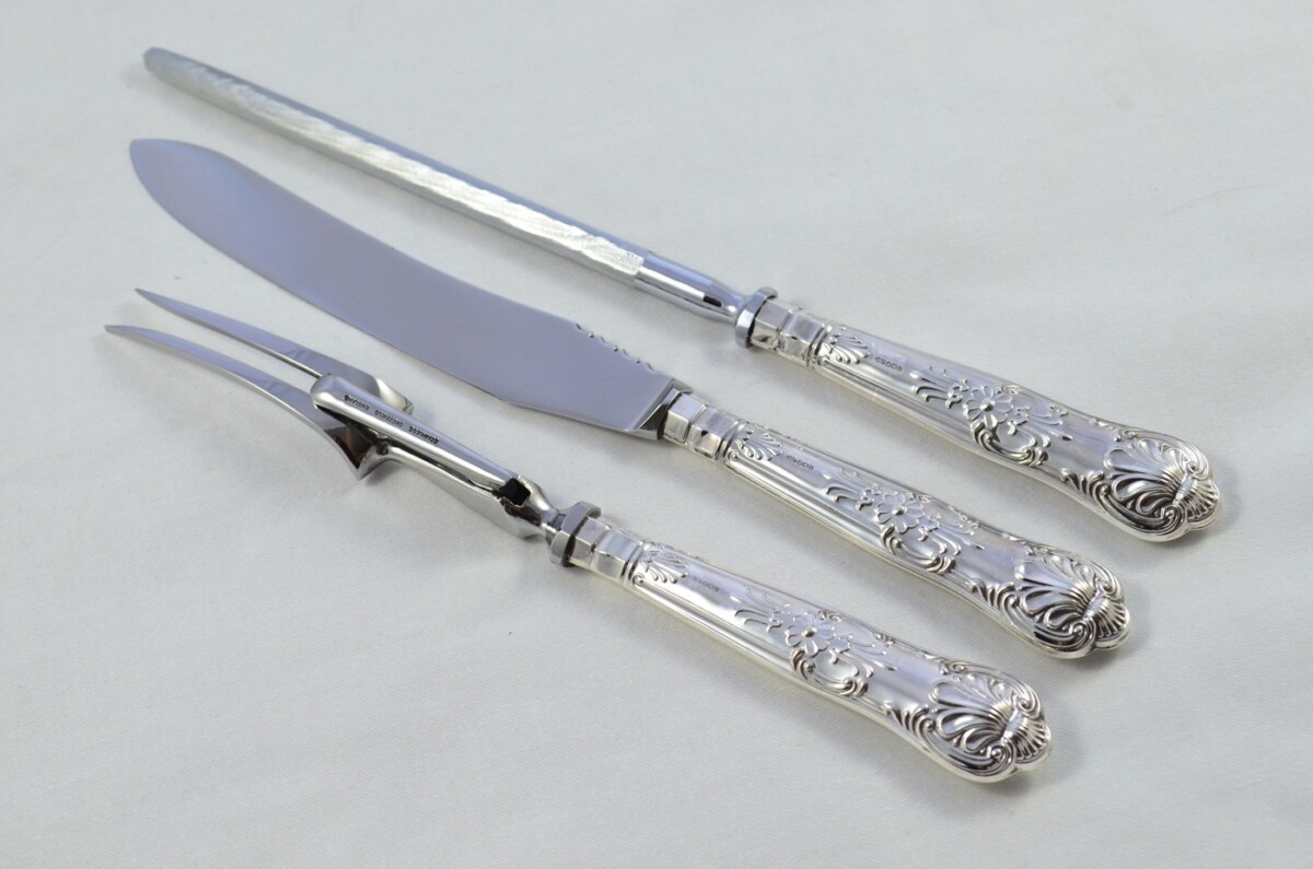 Beatson Drake Sterling Silver Handle 3 Piece Carving Set Boxed Queens Pattern Made In Sheffield 1994 - Image 2