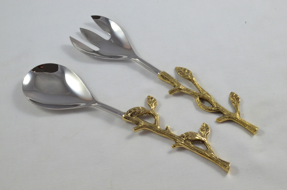 A Pair Of Limited Edition Gold Plated Stainless Steel Salad Servers Evergreen Pattern