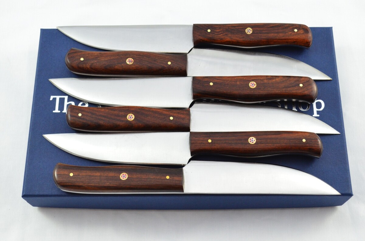 Six Huge Genuine Rosewood Handle Carbon Steel Steak Knives Boxed Made In Sheffield England