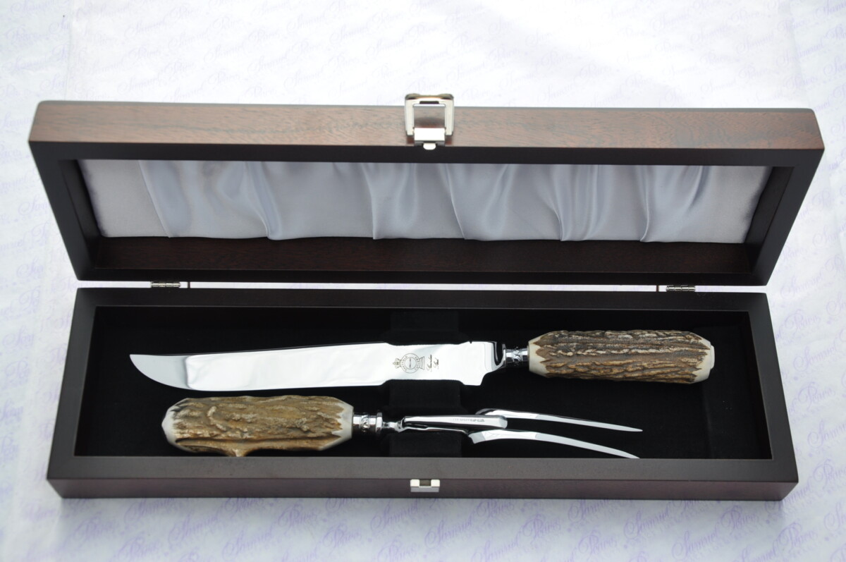 A Genuine Stag/Antler Handle 2 Piece Carving Set Silver Ferrules Cased Made In Sheffield England