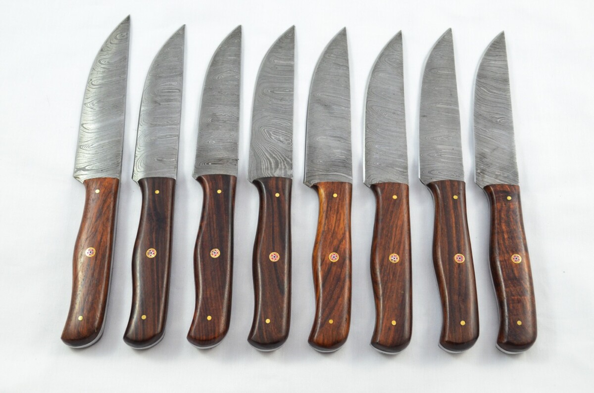 Eight 8 Huge Genuine Rosewood Handle Damascus Steel Steak Knives Made In Sheffield England