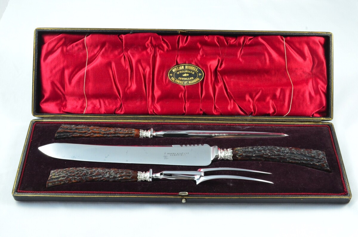 Henry Wigfull Sheffield Handmade 3 Piece Carving Set - Imitation Stag Antler Handles - Silver Plated Ferrules