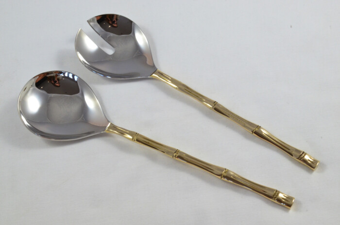 Pair Of Limited Edition Gold Plated Stainless Steel Salad Servers Bamboo Pattern