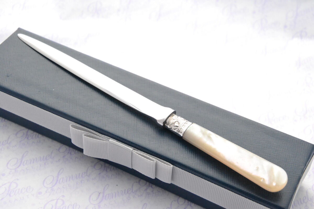 John Yates Pristine Mother of Pearl Sterling Silver Ferruled Letter Opener Sheffield 1919 Cased