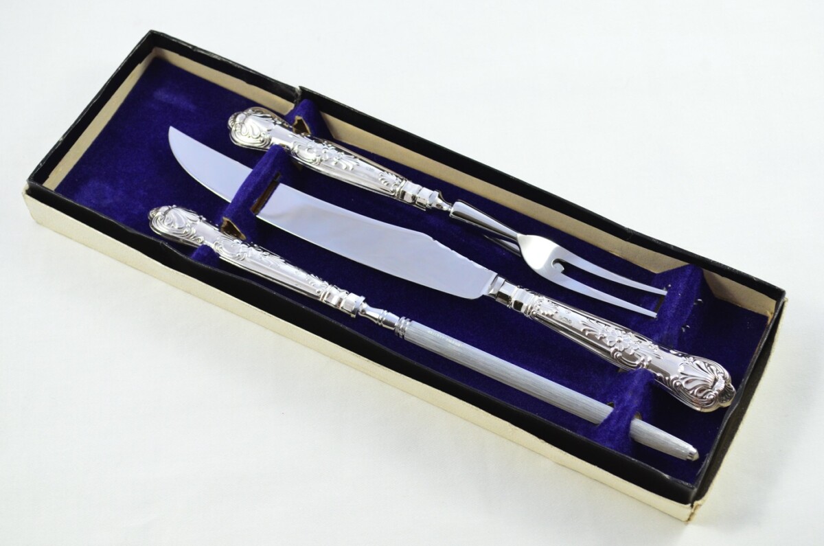Harrison Brothers Sterling Silver Handled 3 Piece Carving Set Queens Pattern Made In Sheffield 2001