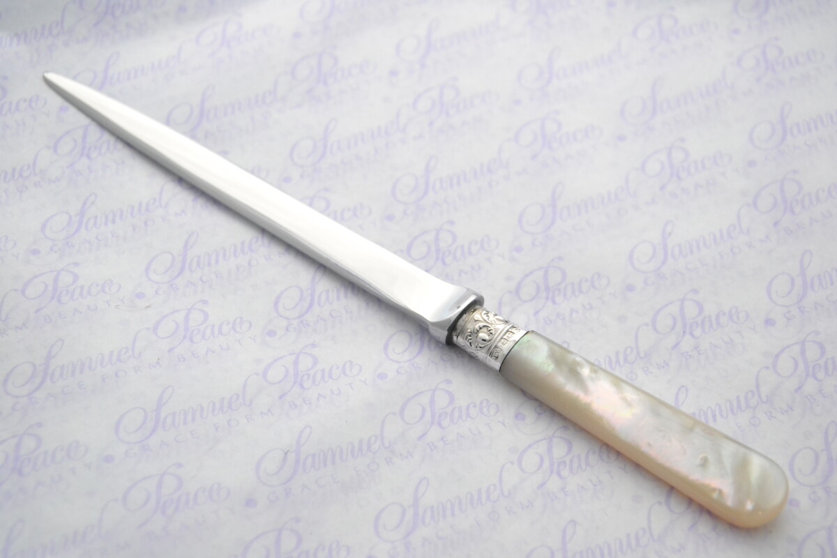 John Yates Pristine Mother of Pearl Sterling Silver Ferruled Letter Opener Sheffield 1919 Cased - Image 2