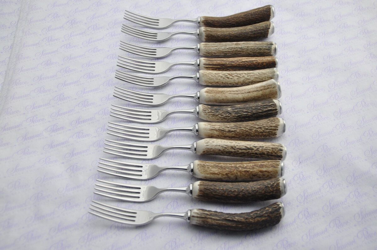 Twelve New Genuine Stag/Antler Handle Steak Forks Made Sheffield England